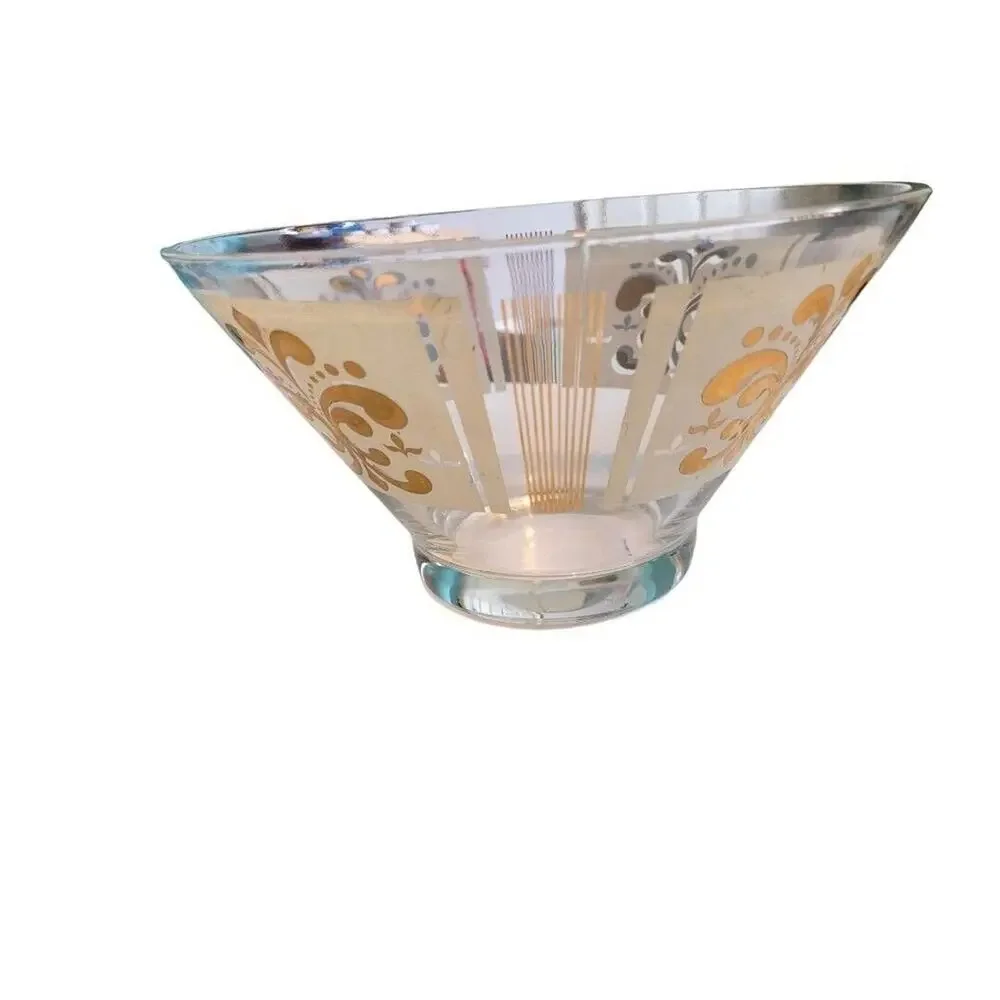 Anchor Hocking Glass Chip Bowl Fleur-de-lis 22kt Gold MCM Vintage
